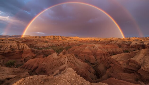 Breathtaking wide vista of rugged mudstone ridges and eroded badlands hills under a majestic double rainbow arch during sunset.