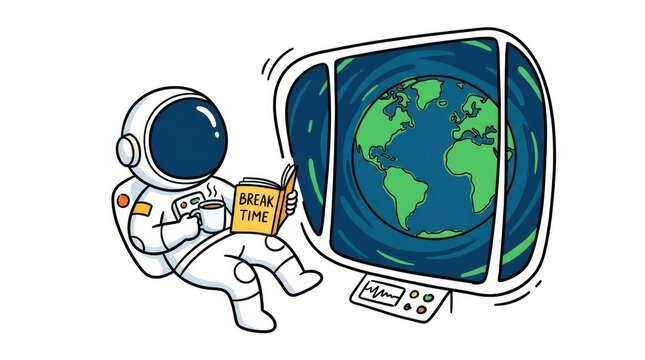Astronaut having break while floating in space habitat with earth view, cosmic exploration concept, suitable for outer space themed posters or educational design, vibrant background