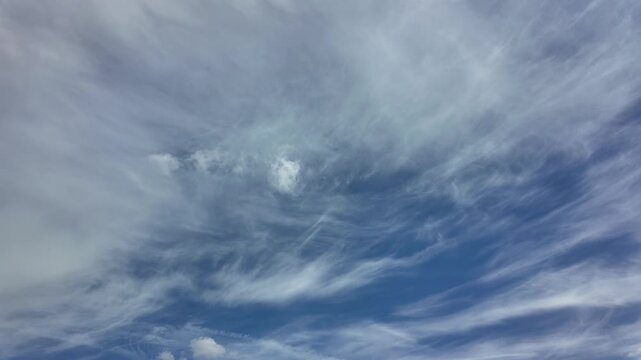 White clouds moving fast from left to right ime-lapse. Daylight cloudy heaven background. Long timelapse light clouds transforming in blue sky with motion blur. Perfect for text, titles, logo