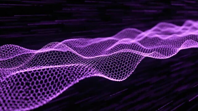 A glowing purple digital mesh wave flows across a dark background