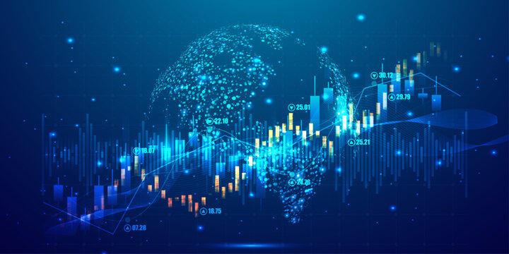 Global financial network with digital earth globe and multicolored trading charts on blue background.