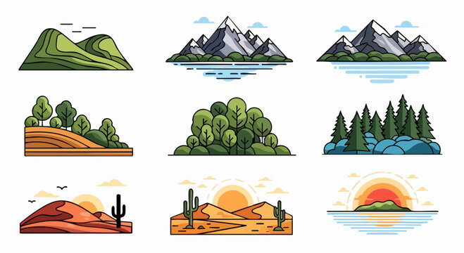 Diverse Landscape Illustrations: Mountains Forests and Deserts in Varied Styles.