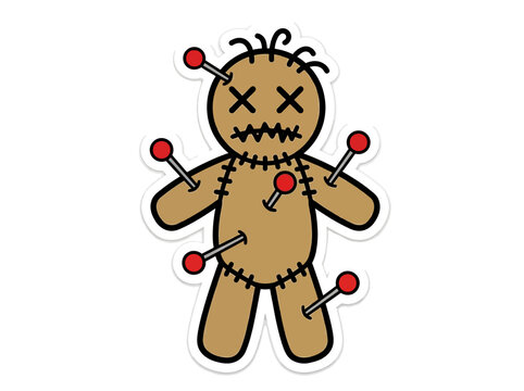A cartoon-style voodoo doll with red pins stuck in it against a clean white background.