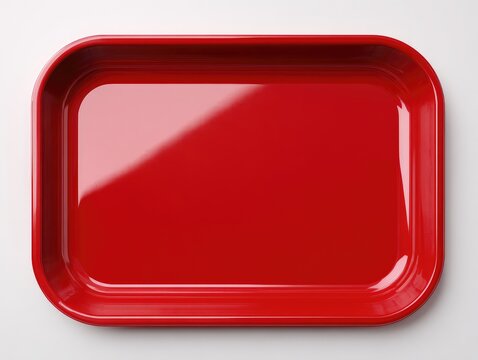 A vibrant, red rectangular tray with rounded corners, sits against a plain white background, its glossy surface reflecting light