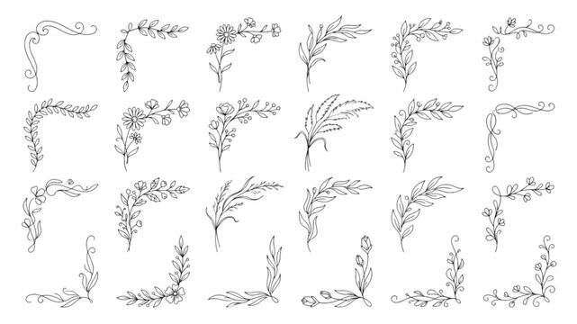 Boho Floral Corner Elements Frame Constructor Collection &ndash; Continuous Line Drawing with Botanical Curves and Minimalist Decorative Borders