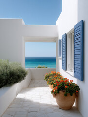Obraz premium Mediterranean island villa facade shutter sea view patio with white corridor, blue window frame, potted geranium, serene summer travel mood