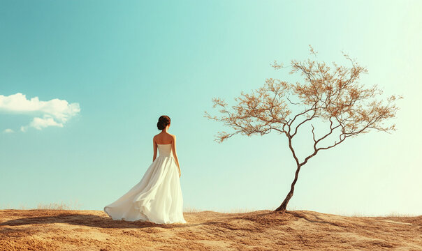 Woman in white dress standing in desert landscape next to a tree