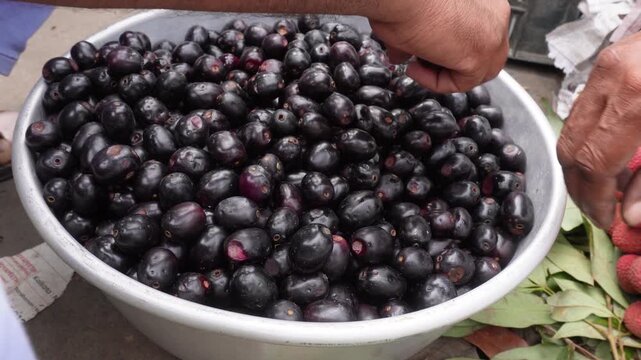 Hand choosing fresh jamun fruits at busy market