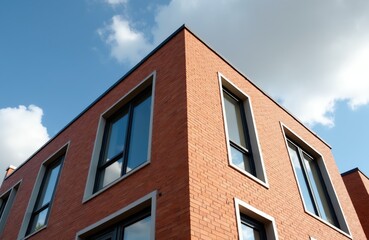 Obraz premium Modern brick house corner exterior. Red brick wall with geometric window frames under a blue sky with clouds. Building facade has clean lines and contemporary design elements.