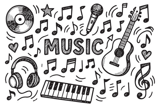 Vector art doodle background pattern of music icons and instruments, designed in clean minimal style for artistic layouts, creative music themes, and modern designs.
