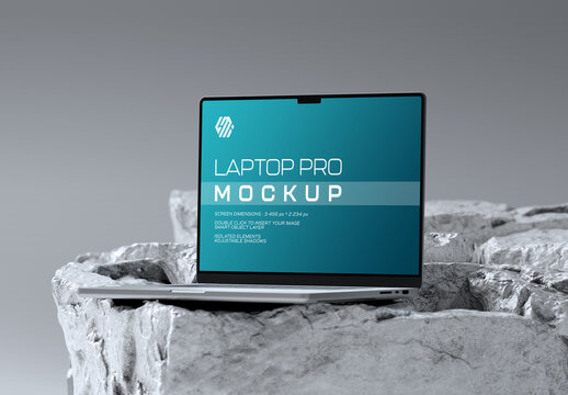 Laptop Computer on Grey Stone Rocks with Screen Display Mockup 