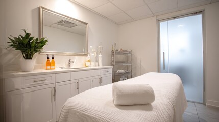 Fototapeta premium Serene spa room with treatment table, sink, and frosted glass door