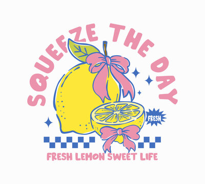Cute coquette lemon illustration with pink bows, retro pastel style and sweet summer lettering, perfect for t-shirt prints, stickers, posters, and seasonal designs