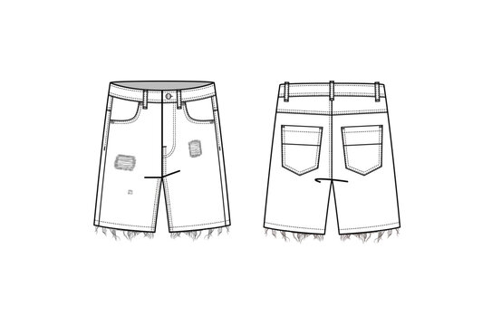 Men Frayed Hems Denim Shorts Set Five Pocket Casual Cut Off Jeans Short Pants Fashion Flat Sketch Fashion Template Technical Drawing Vector Illustration Front and Back View