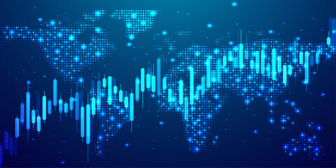 Futuristic financial chart with glowing candlestick lines over digital global world map. © Nahin