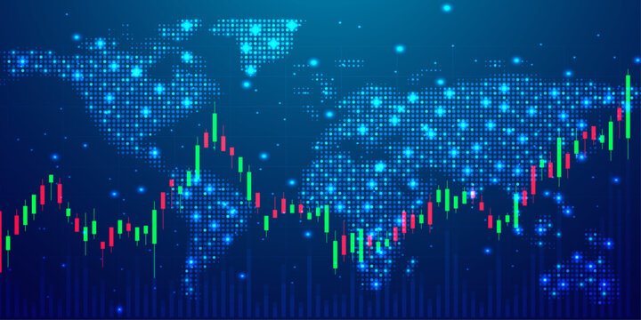 Professional stock market trading display with bullish green and red candlestick bars and world map.