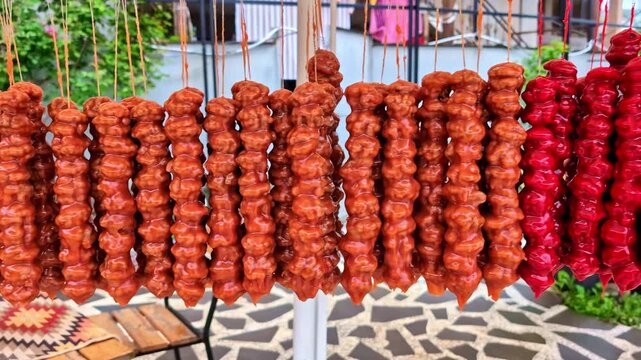 Rows of Georgian sweets hang drying outdoors on strings in a local courtyard setting