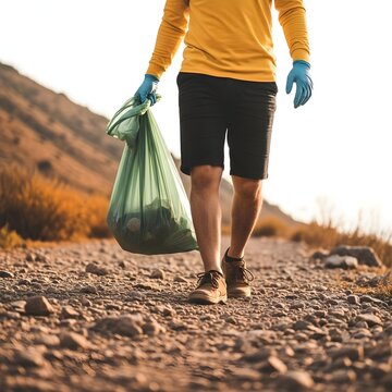 Man picking up trash on a rocky trail