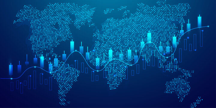 Stock market growth concept with candlestick graph and dynamic trend line over digital world map.
