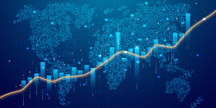 Financial trend analysis with glowing orange line graph and candlestick bars over world map.