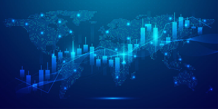 Digital world map with financial stock market candlestick charts and trend lines.