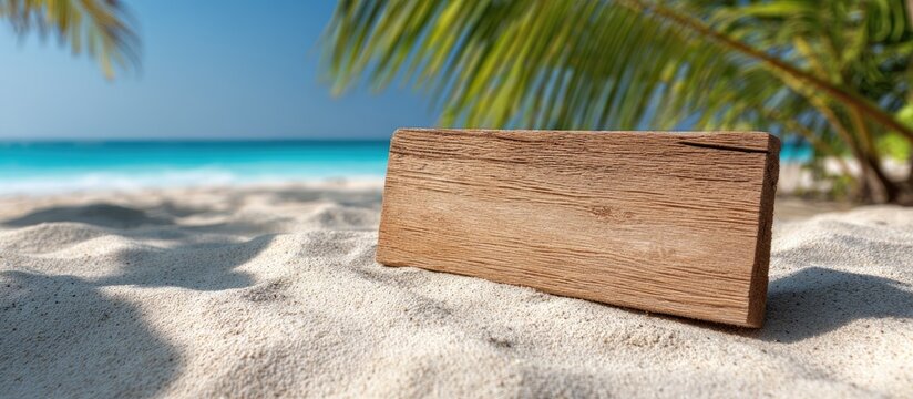Natural wooden sign on a sandy beach with ocean and palm fronds