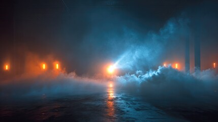 Fototapeta premium Ethereal industrial scene with blue mist illuminated by warm orange and bright central lights