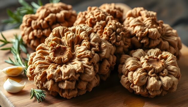 Fresh wild morel mushrooms on a wooden board with garlic and rosemary.