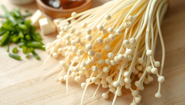 Fresh white enoki mushrooms on a wooden cutting board with tofu.