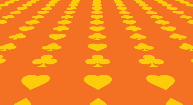 Orange background with yellow playing card suits in perspective view featuring hearts clubs and diamonds repeating pattern for casino and gaming wallpaper.