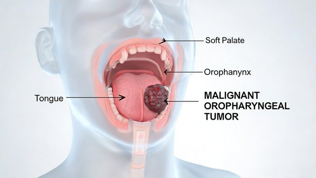 3D Medical Illustration of Oropharyngeal Cancer, Showing Malignant Tumor on the Tongue with Labeled Soft Palate, Oropharynx and Oral Cavity Anatomy