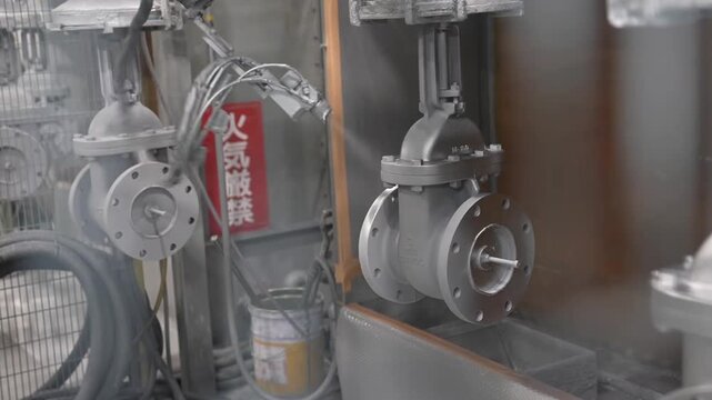 Multiple gate valves hanging on hooks inside automated spray painting booth with robot arm