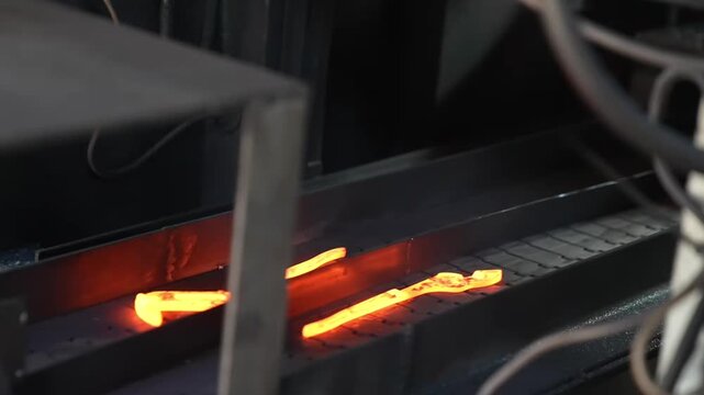 Heated steel blanks glowing bright orange inside industrial induction heating furnace