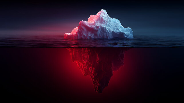 Iceberg showing above and below dark water with glowing red underwater section at night.