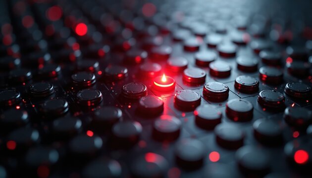 Array of dark sensors with one glowing red outlier node. Futuristic tech interface background. Precision analysis for big data. Unique signal detection.