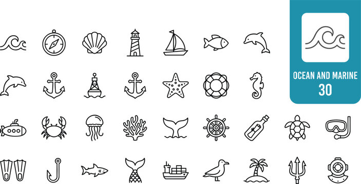 A collection of thin line vector icons depicting ocean and marine life, including animals, objects, and nautical symbols.