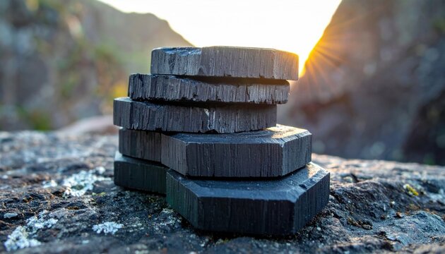 Stacked hexagonal graphite flakes exhibiting a dark metallic sheen in a close-up view with natural sunlight