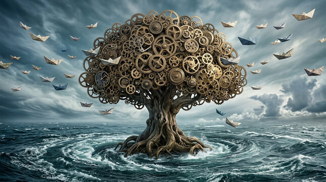 Surreal Mechanical Tree Island in Stormy Ocean
