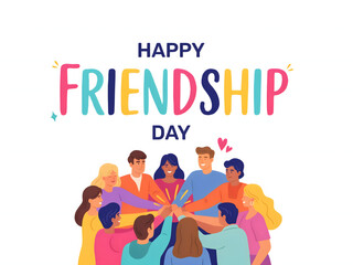 Fototapeta premium Happy friendship day colorful text above happy people touching hands.