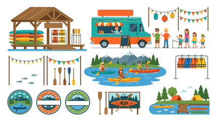 Fototapeta premium Summer Kayaking Water Sports Vector Bundle Showcasing Rental Dock Pavilion and Food Truck Icons Crafted for Textless Outdoor Clipart Templates