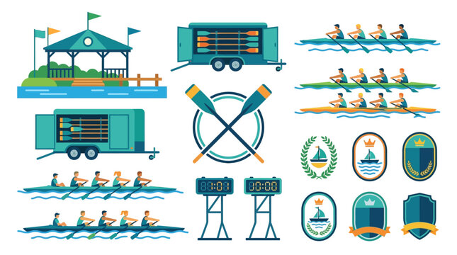 Summer Rowing Crew Regatta Vector Bundle Showcasing Boathouse Pavilion and Team Trailer Icons Crafted for Textless Water Sports Templates