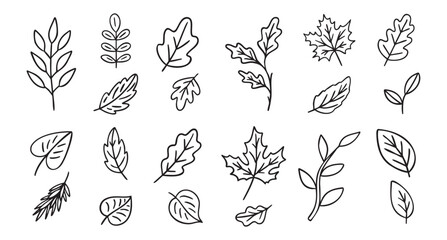 Fototapeta premium Cozy autumn doodle set of autumn leaves, line art monochrome hand drawn outline