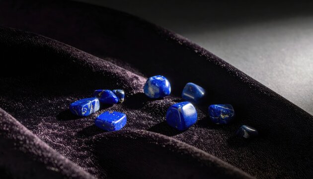 Vivid blue lapis lazuli gemstones scattered on dark velvet fabric