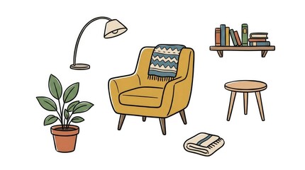 Fototapeta premium Cozy home decor doodle icons featuring chair, plant, and books for design projects and backgrounds
