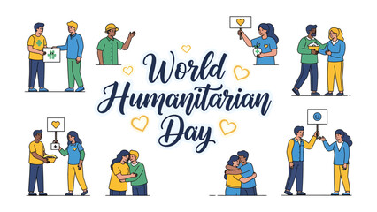 Fototapeta premium World Humanitarian Day Concept: A collage of illustrations depicting acts of kindness, support, and global unity in celebration of World Humanitarian Day.