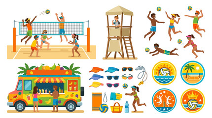 Naklejka premium Beach Volleyball Summer Tournament Asset Sheet Illustrating Referee Tower and Smoothie Truck Icons Intended for Textless Athletic Logo Mockups