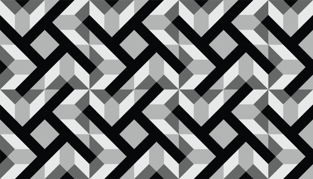 Geometric seamless pattern with 3D illusion and intricate interlocking shapes in monochrome., Intricate monochrome geometric seamless vector background with 3D effect.