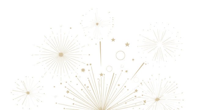 Golden fireworks vector illustration on white background, elegant gold firework bursts and sparkles, festive holiday celebration graphic