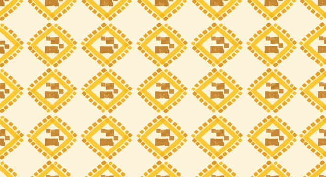 Seamless geometric pattern with golden diamond square motifs on cream background for luxury wallpaper ethnic fabric print interior design and paper backdrop.