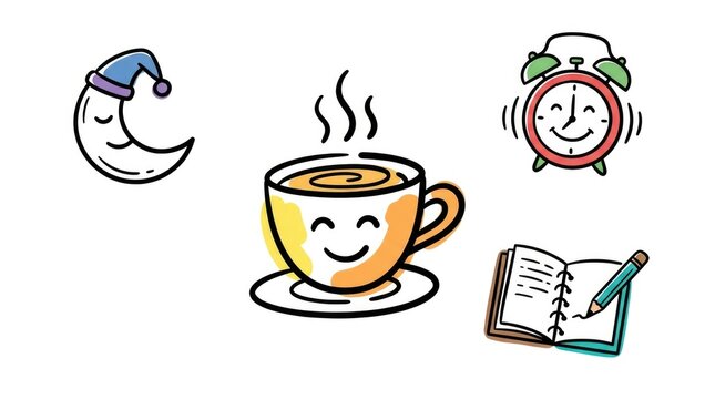Whimsical doodle style morning routine with coffee, clock, moon, and journal on white background